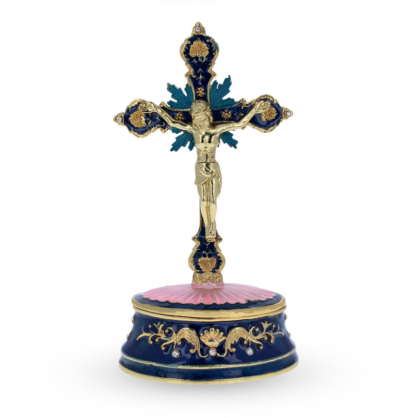 Pewter Jeweled Standing Metal Cross Trinket or Rosary Box in Multi color