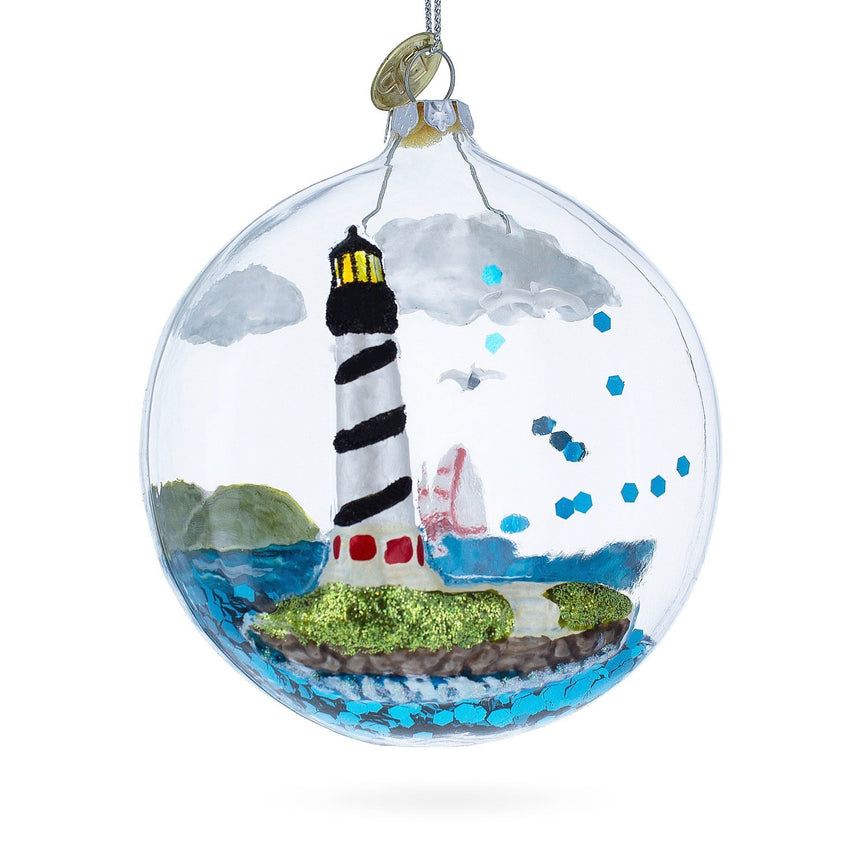 Glass Lighthouse in Glass Dome Blown Glass Christmas Ornament in Multi color Round