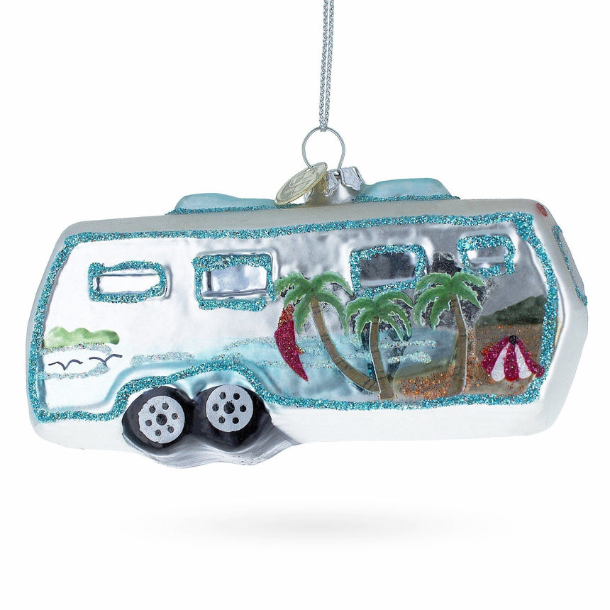 Glass Silver Camper Trailer Glass Christmas Ornament in Multi color