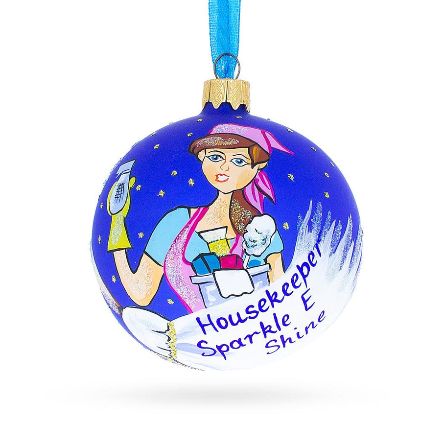 Glass Diligent Housekeeper (Maid) Blown Glass Ball Christmas Ornament 3.25 Inches in Blue color Round