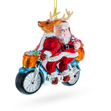 Glass Santa and Reindeer Riding a Tandem Bike Blown Glass Christmas Ornament in Multi color