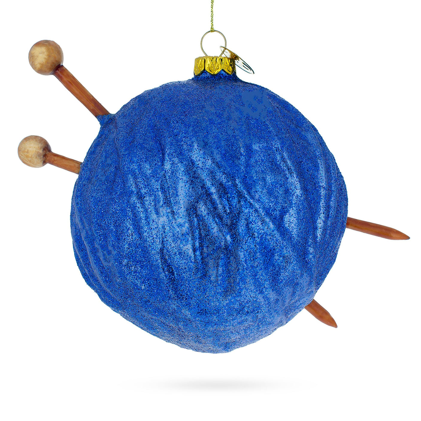 Glass Blue Yarn Ball and Sticks Blown Glass Christmas Ornament in Blue color Round