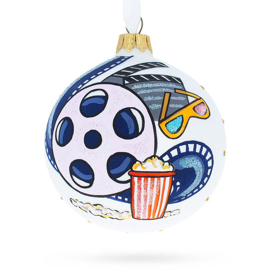 Glass Movie Lover Blown Glass Ball Christmas Ornament 3.25 Inches in White color Round