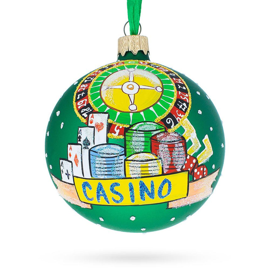 Glass Casino Roulette Table Blown Glass Ball Christmas Ornament 3.25 Inches in Green color Round