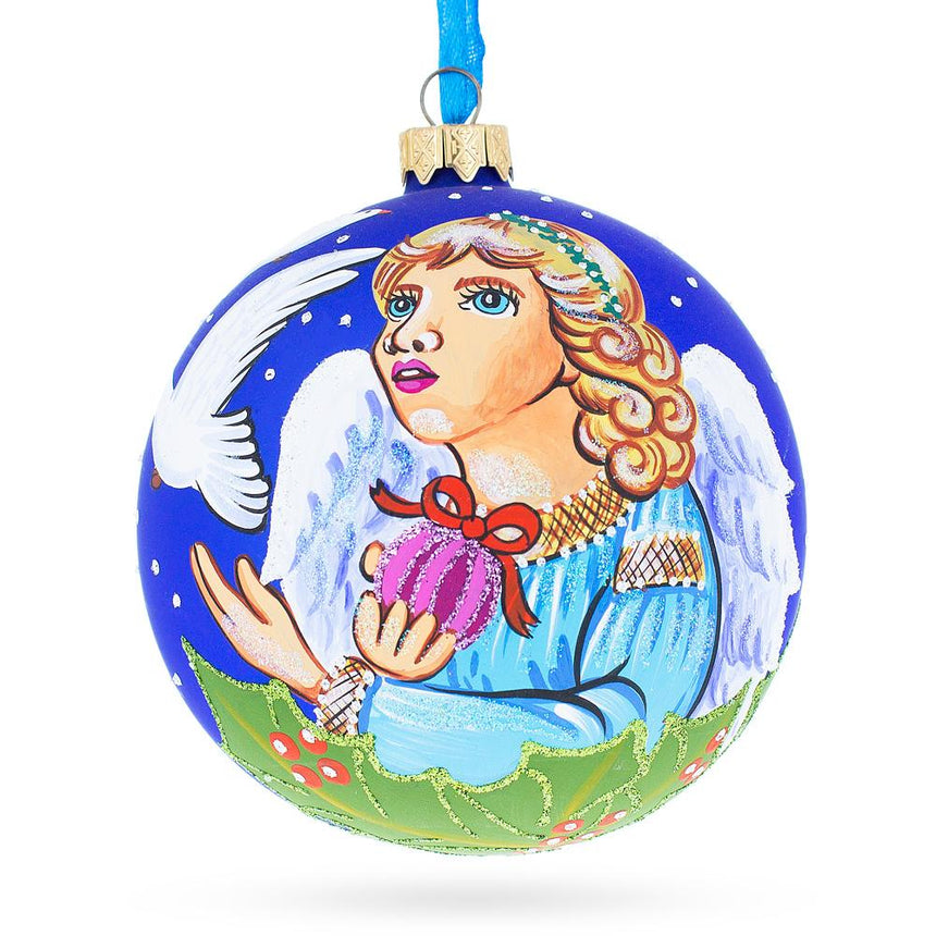 Glass Angel with Peace Pigeons Blown Glass Ball Christmas Ornament 4 Inches in Blue color Round