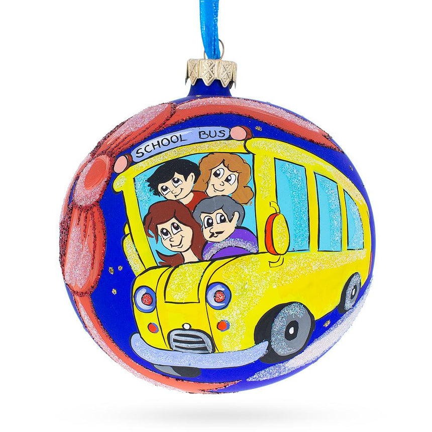 Glass Yellow School Bus Glass Ball Christmas Ornament 4 Inches in Multi color Round