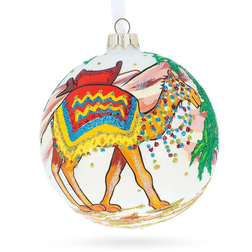 Glass Festive Camel Glass Ball Christmas Ornament 4 Inches in Multi color Round