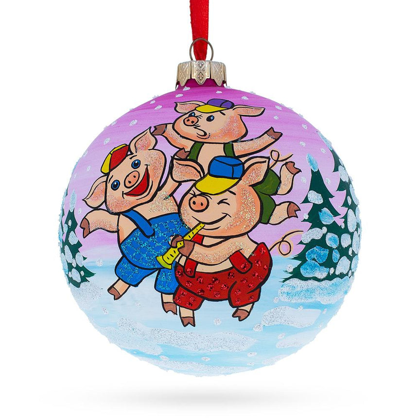 Glass Three Little Pigs Glass Ball Christmas Ornament 4 Inches in Multi color Round