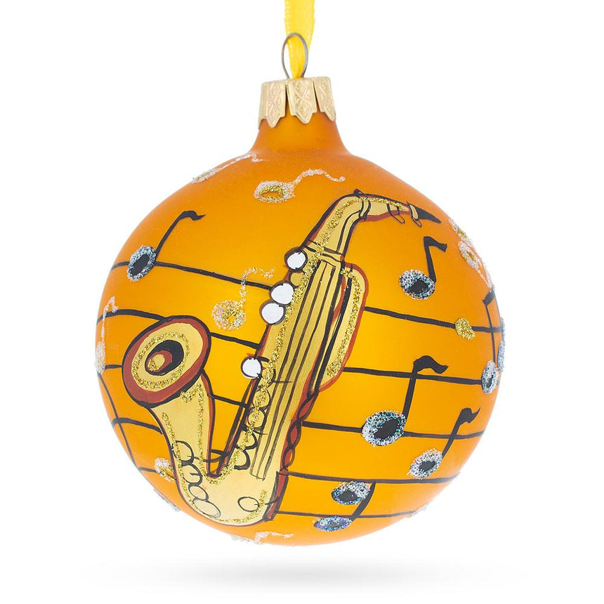 Glass Saxophone Music Lover Glass Ball Christmas Ornament 3.25 Inches in Gold color Round