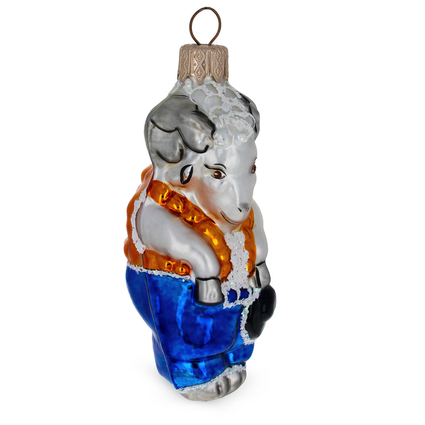 Glass Goat Holding Hat Mini Glass Christmas Ornament in Multi color