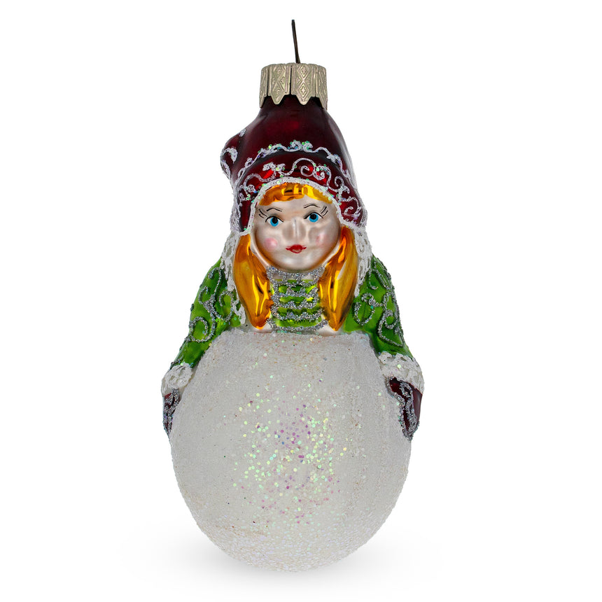 Glass Girl Making a Snowball Mini Glass Christmas Ornament in Multi color