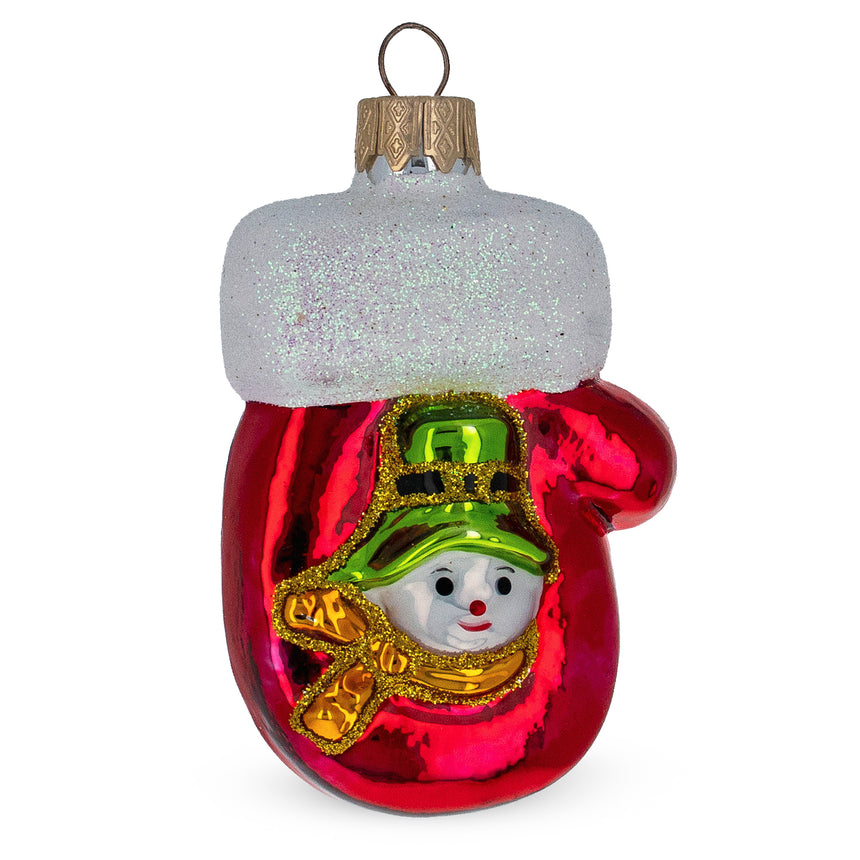 Glass Glittered Mitten with Snowman Mini Glass Christmas Ornament in Red color