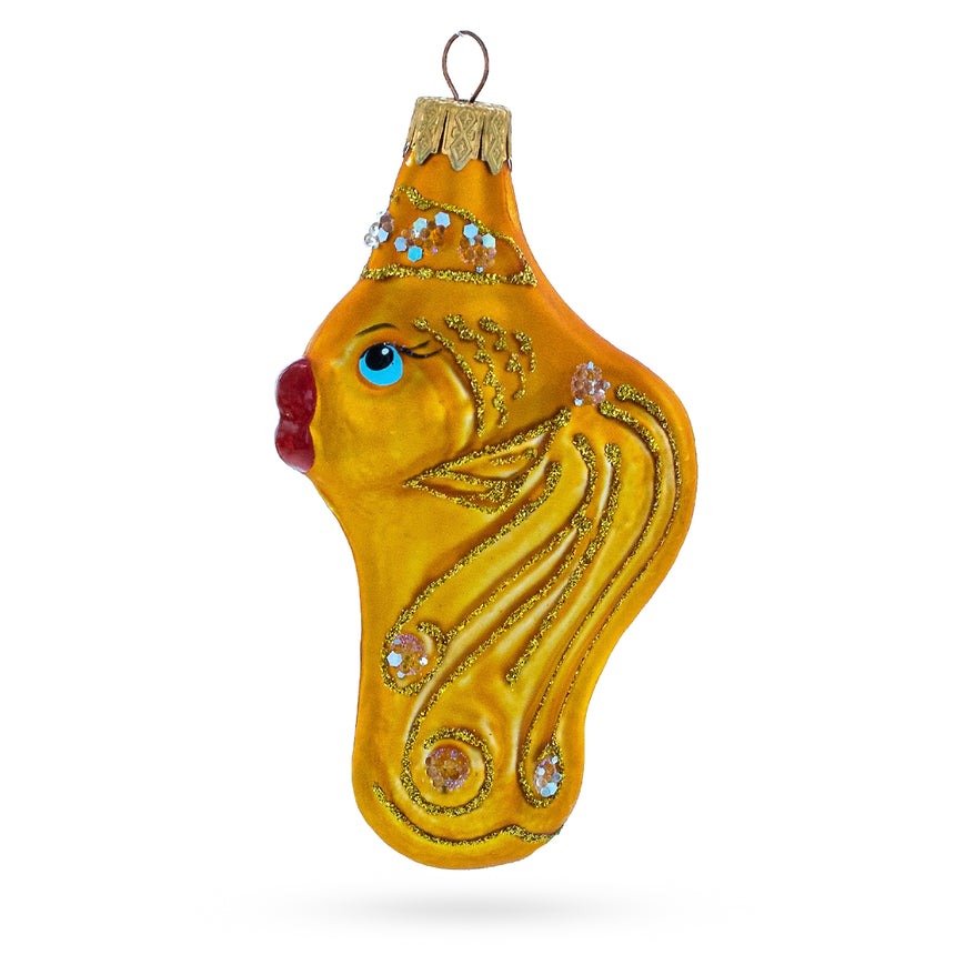 Glass Golden Fish with Blue Eyes Mini Glass Christmas Ornament in Gold color