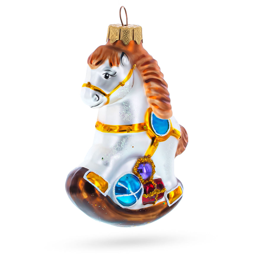 Glass Rocking Horse with Gifts Mini Glass Christmas Ornament in Multi color