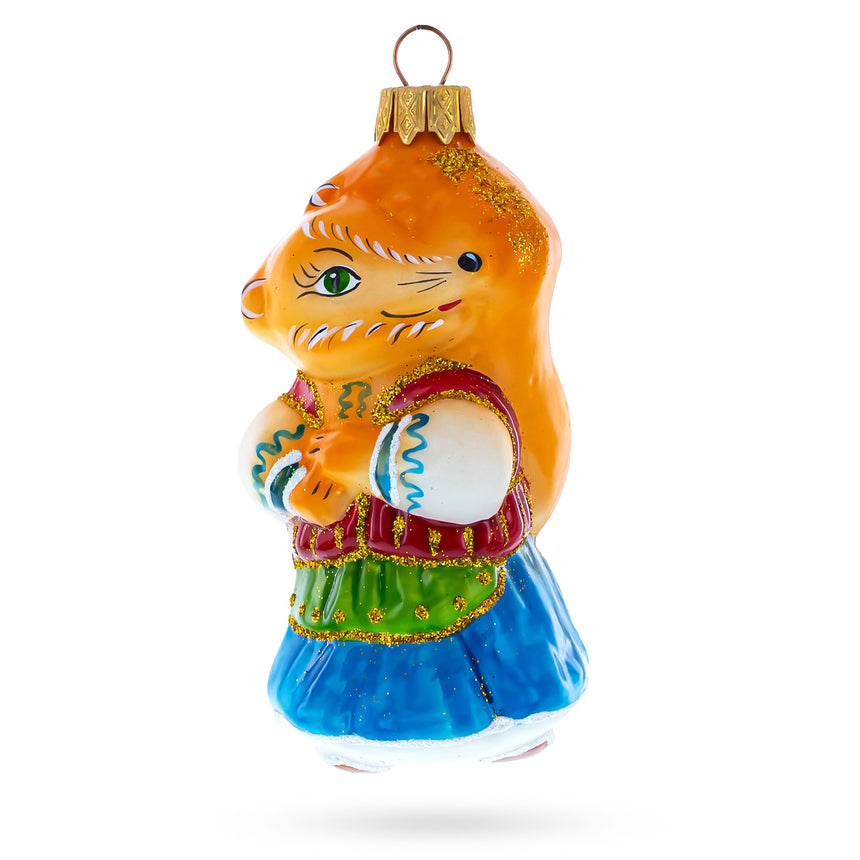 Glass Fox in Traditional Folk Costume Mini Glass Christmas Ornament in Multi color