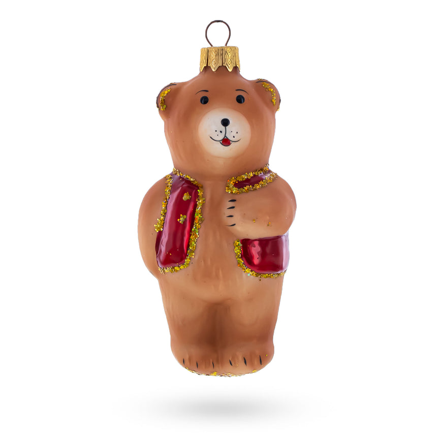 Glass Teddy Bear Wearing Red Jacket Mini Glass Christmas Ornament in Brown color