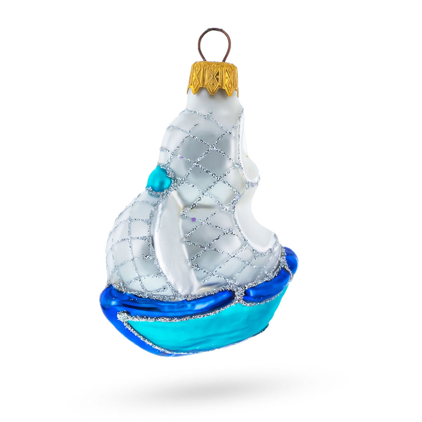 Glass Blue Tall Ship with White Sail Mini Glass Christmas Ornament in Multi color