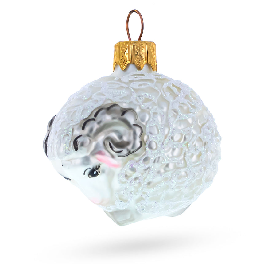 Glass White Curly Ram Mini Glass Christmas Ornament in White color