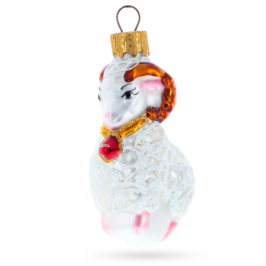 Glass Ram with Bell Mini Glass Christmas Ornament in White color