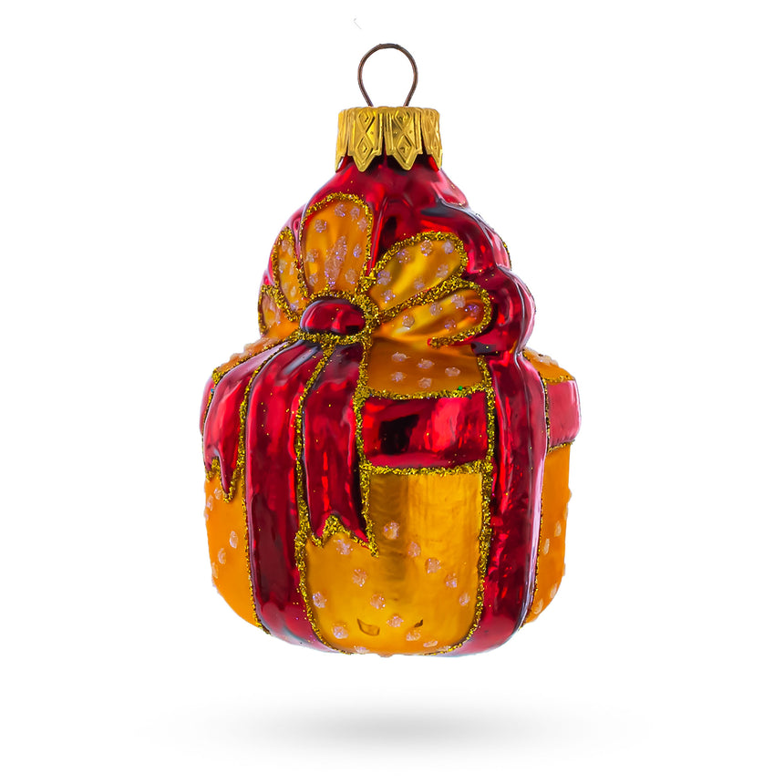 Glass Orange Gift Box with Bow Mini Glass Christmas Ornament in Red color