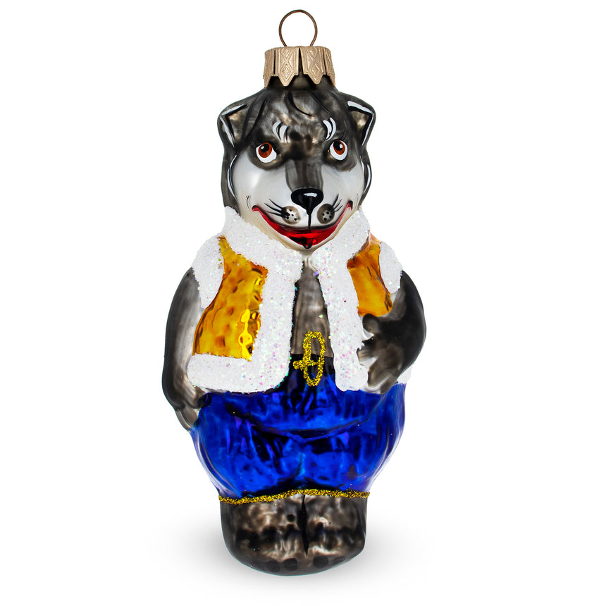 Glass Wolf in Winter Jacket Folk Costume Mini Glass Christmas Ornament in Gray color