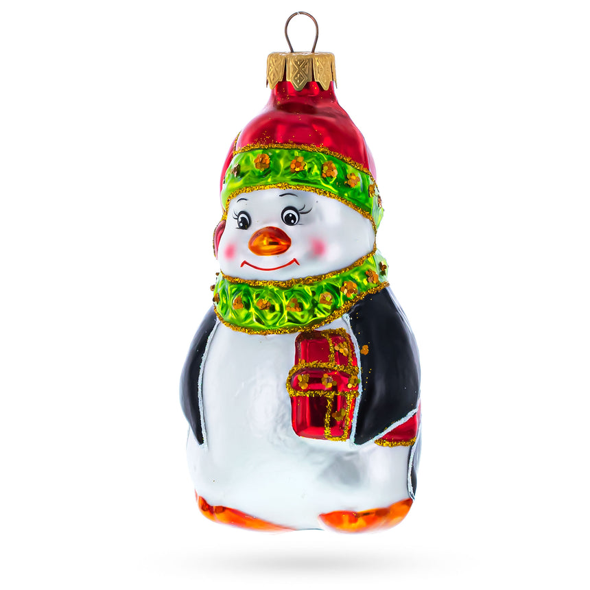 Glass Penguin in Santa Hat with Gifts Mini Glass Christmas Ornament in Multi color