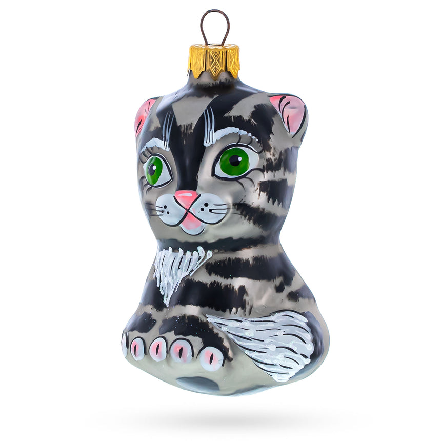 Glass Grey Cat Mini Glass Christmas Ornament in Gray color