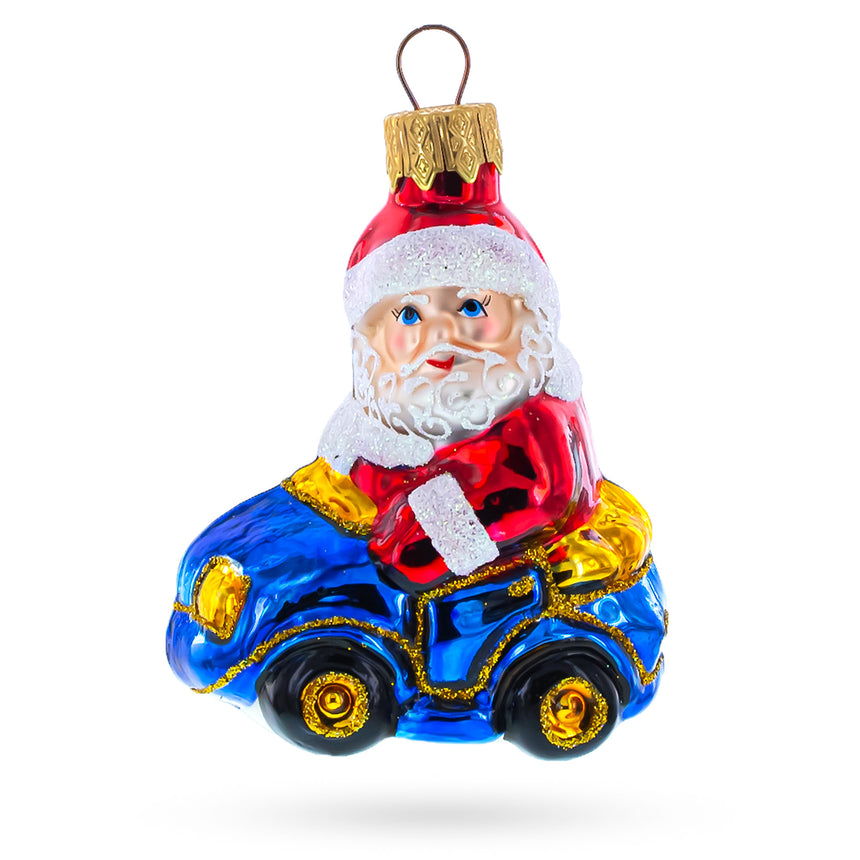 Glass Santa Driving Blue Car Mini Glass Ornaments in Multi color