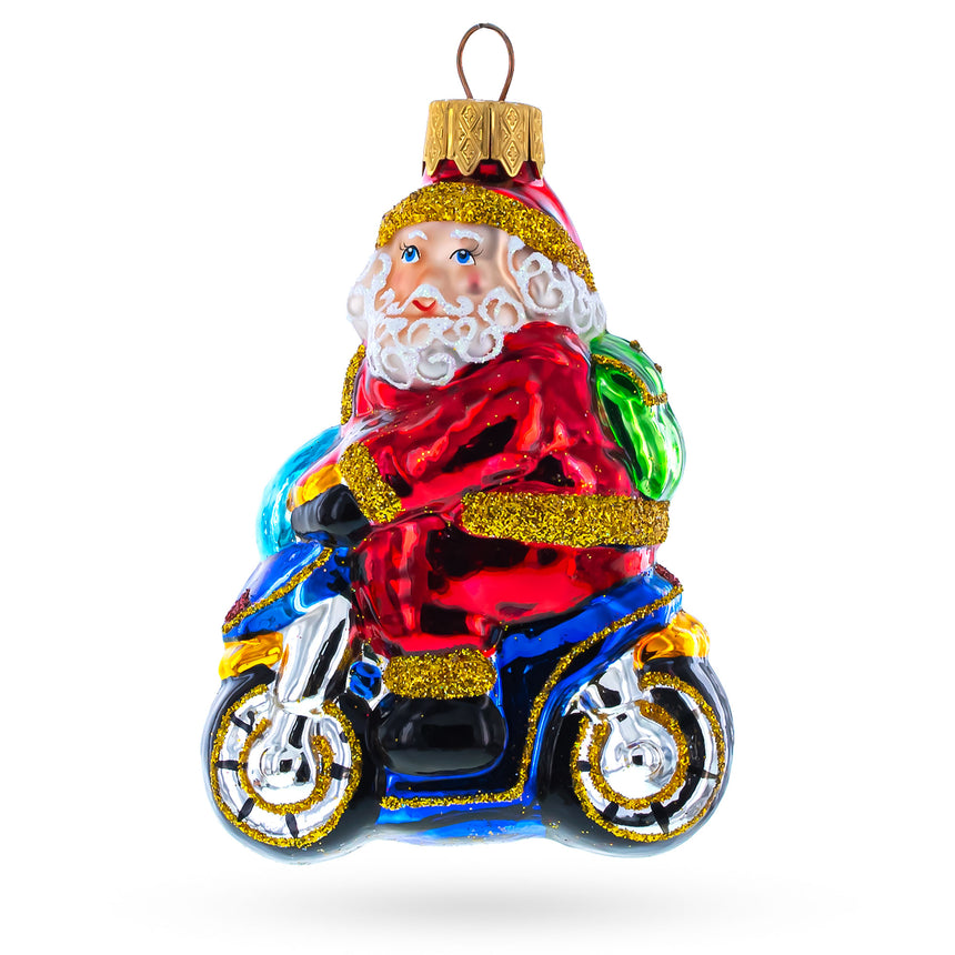 Glass Santa Driving a Blue Car Mini Glass Christmas Ornament in Multi color