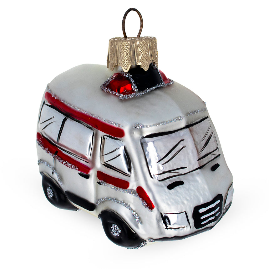 Glass White Ambulance Car Mini Glass Christmas Ornament in White color