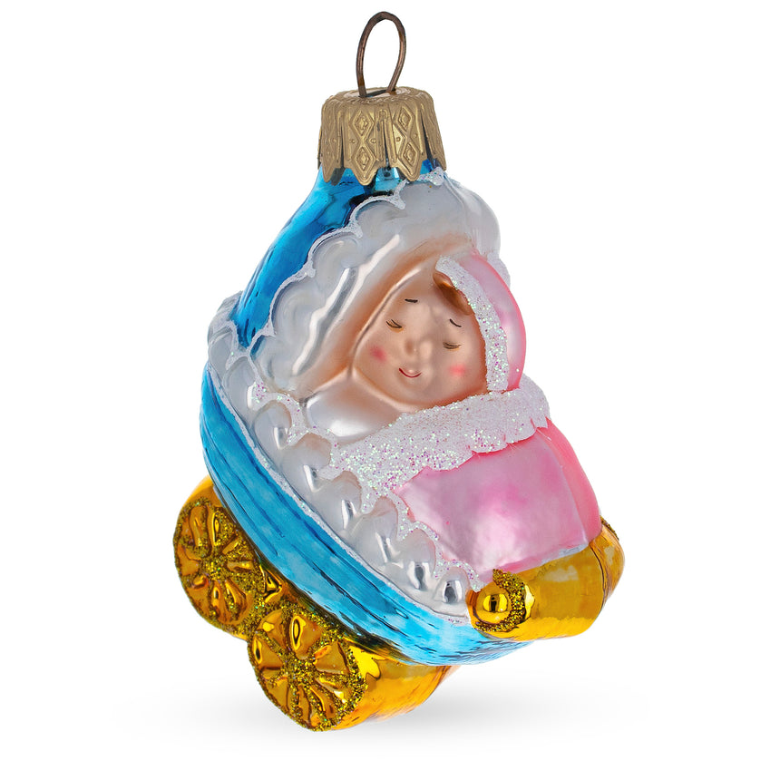 Glass Newborn Baby Girl in a Stroller Mini Glass Christmas Ornament in Multi color