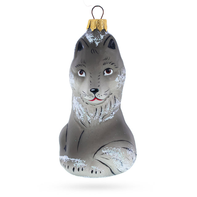 Glass Gray Wolf Mini Glass Christmas Ornament in Gray color