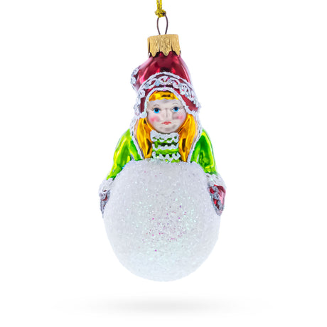 Glass Girl Making a Snowball Mini Glass Christmas Ornament in Multi color