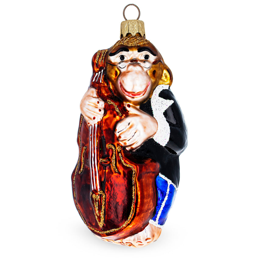 Glass Monkey Playing Contrabass Mini Glass Christmas Ornament in Multi color