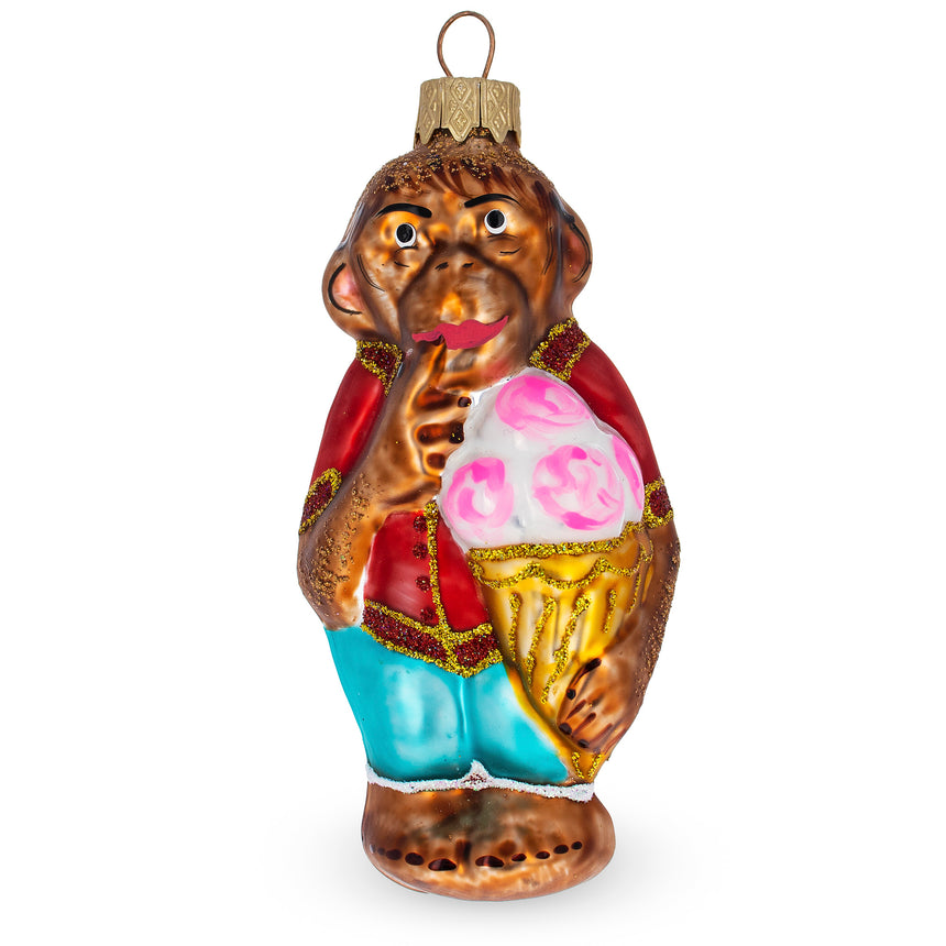 Glass Monkey with Ice Cream Mini Glass Christmas Ornament in Multi color