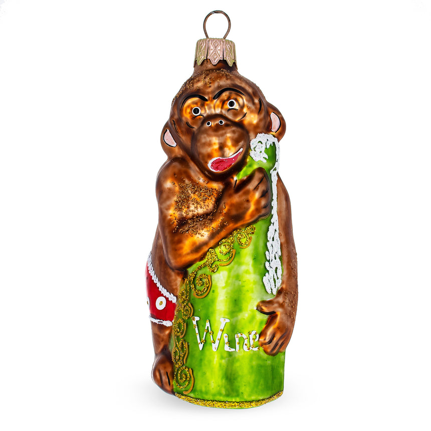 Glass Monkey with Wine Bottle Mini Glass Christmas Ornament in Brown color