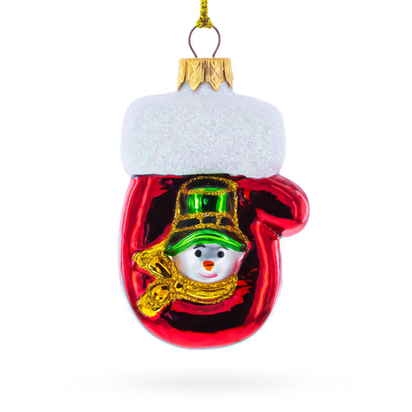 Glass Glittered Mitten with Snowman Glass Christmas Ornament in Red color