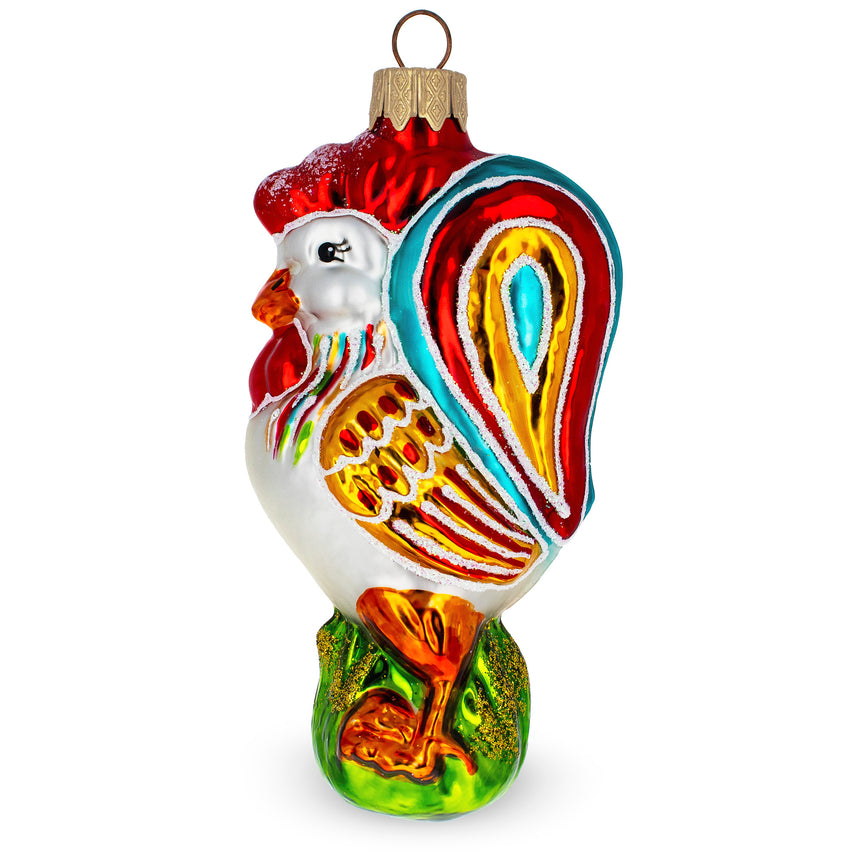 Glass Vibrant and Colorful Rooster Mini Glass Christmas Ornament in Red color