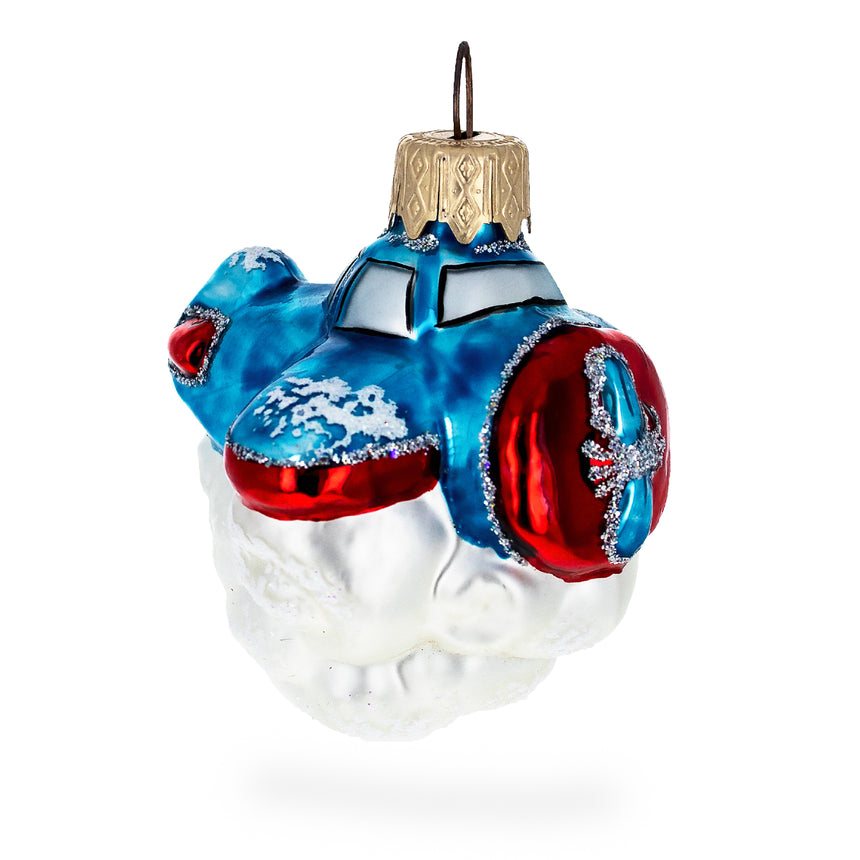 Glass Blue Airplane in the Skies Mini Glass Christmas Ornament in Blue color