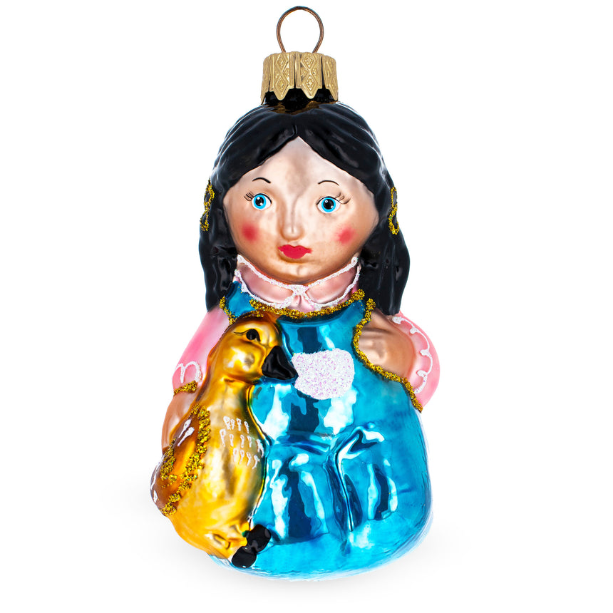 Glass Girl With Goose Mini Glass Christmas Ornament in Gold color