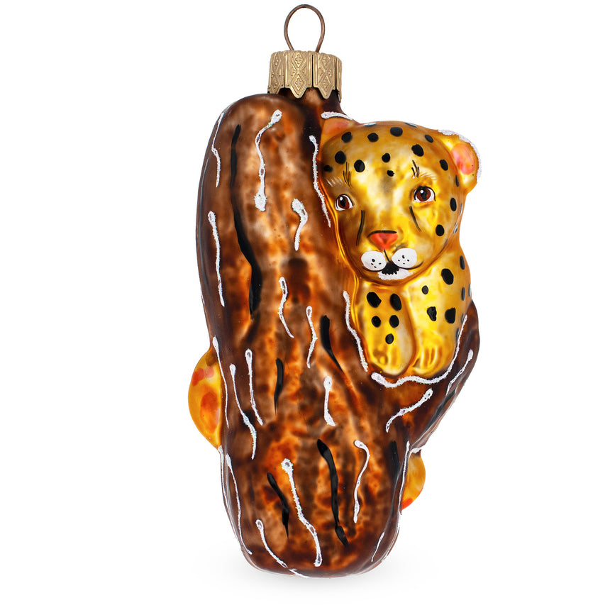 Glass Leopard Climbing a Tree Branch Mini Glass Christmas Ornament in Yellow color