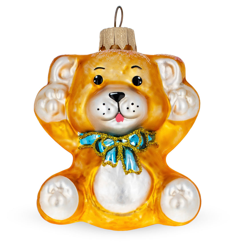 Glass Teddy Bear with Blue Bow Mini Glass Christmas Ornament in Gold color