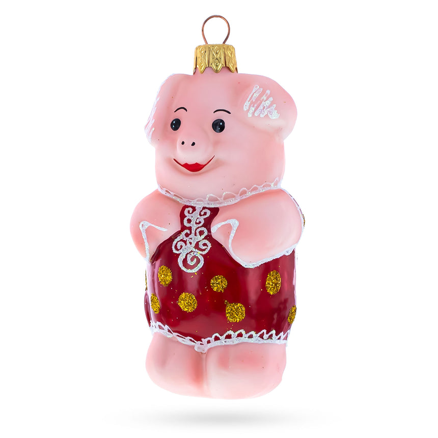 Glass Pig Wearing Red Dress Mini Glass Christmas Ornament in Pink color