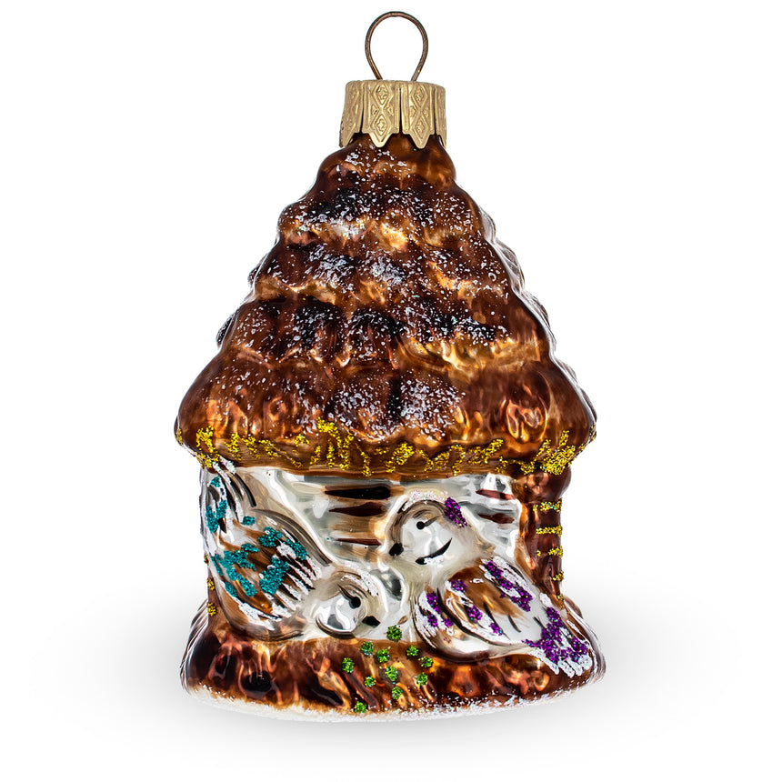 Glass Birds Nestled in a Birdhouse Mini Glass Christmas Ornament in Brown color