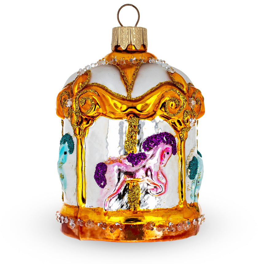 Glass Golden Carousel Mini Glass Christmas Ornament in White color