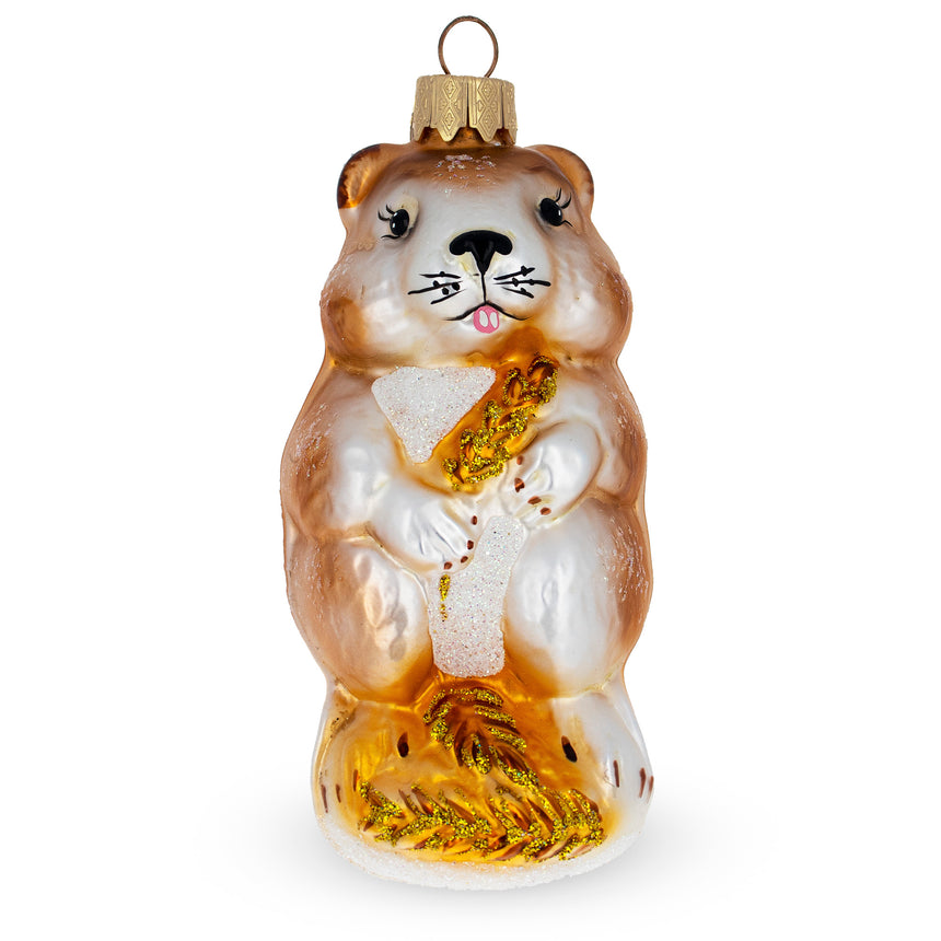 Glass Hamster with Wheat Mini Glass Christmas Ornament in Gold color