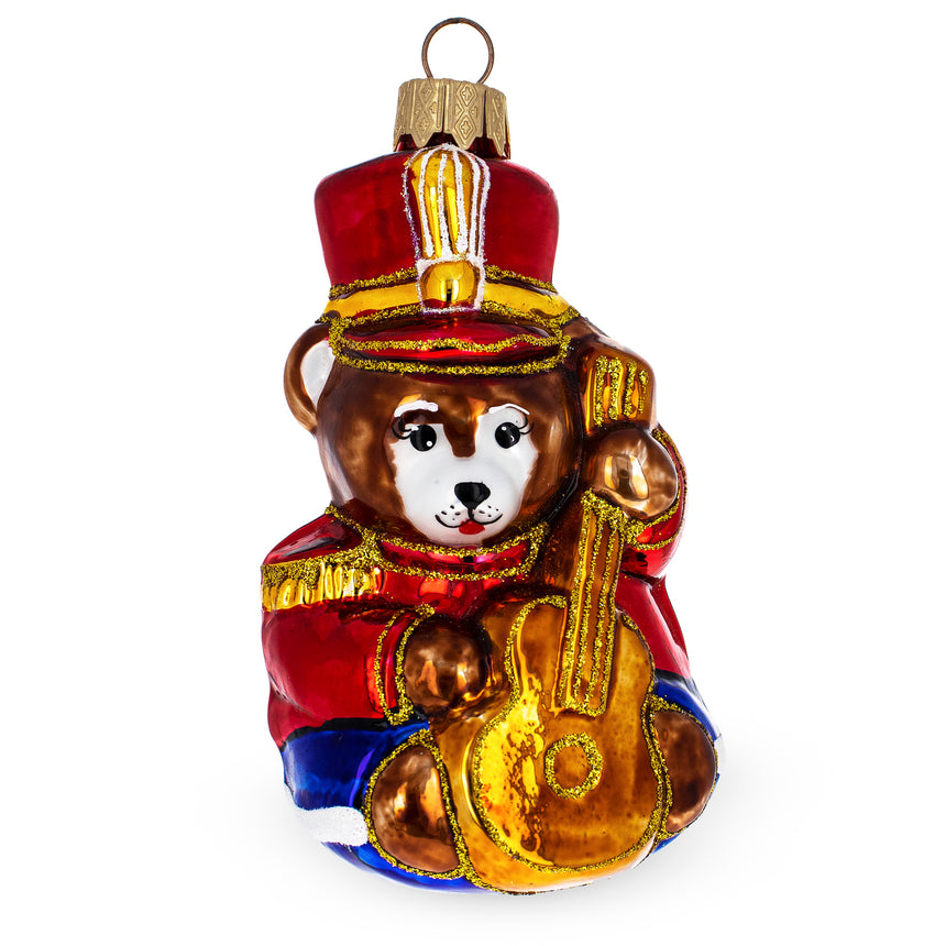 Glass Teddy Bear Soldier with Guitar Mini Glass Christmas Ornament in Red color