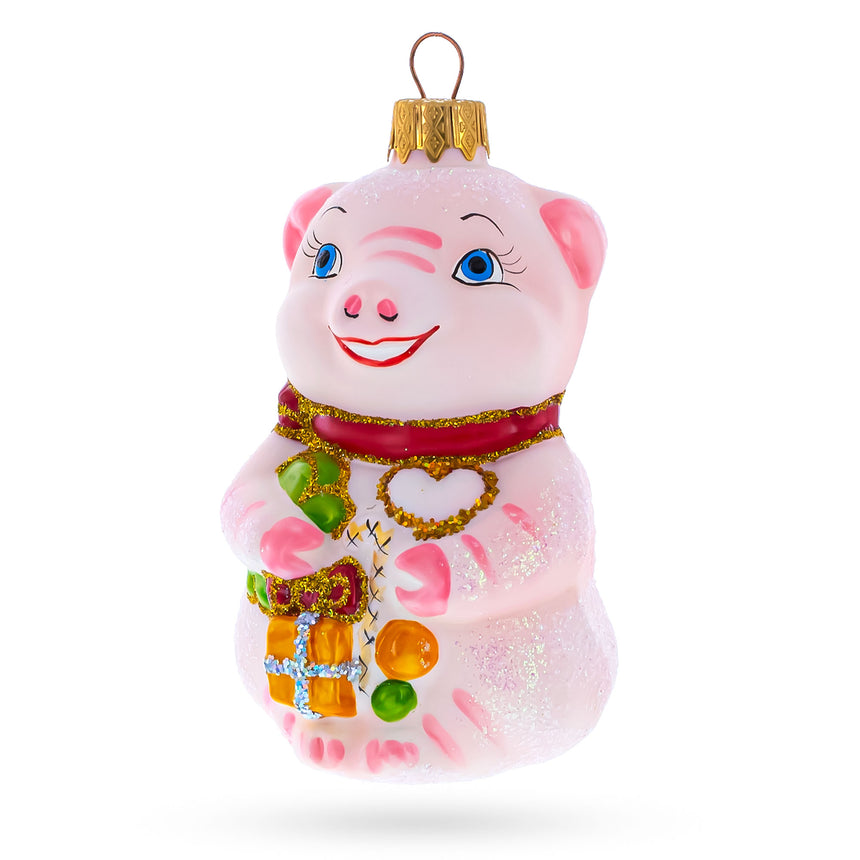 Glass Happy Pig with Gifts Mini Glass Christmas Ornament in Pink color