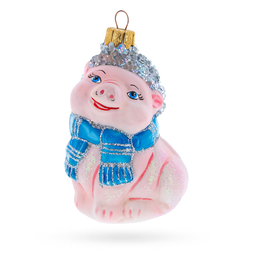 Glass Happy Piglet with Blue Scarf Mini Glass Christmas Ornament in Pink color