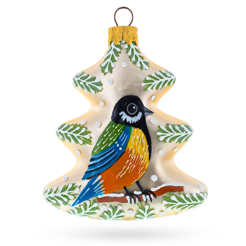 Glass Colorful Bird On a Tree Shaped Mini Glass Christmas Ornament in Ivory color Triangle